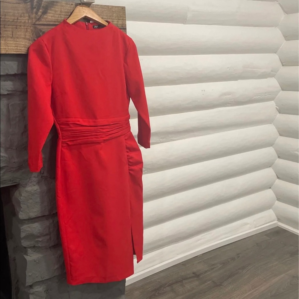 Red Knee Length Zara Quarter Sleeve Ruffle Dress With Leg Slit